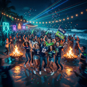 NFL fans celebrating Patriots vs Seahawks Super Bowl 60 at a night beach rave with neon lights and ocean backdrop”

“Super Bowl 60 beach rave scene with Patriots and Seahawks fans celebrating under midnight lights”

“Fans cheering during Patriots vs Seahawks Super Bowl 60 at a tropical night beach party”

“Midnight beach rave atmosphere with NFL fans celebrating the Super Bowl under glowing festival lights