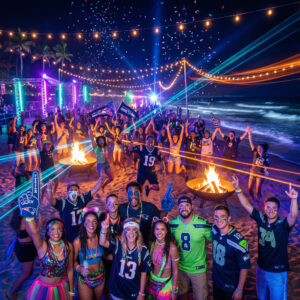 Super Bowl 60 beach rave scene with Patriots and Seahawks fans celebrating under midnight lights