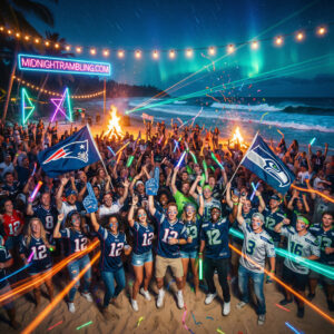 Fans cheering during Patriots vs Seahawks Super Bowl 60 at a tropical night beach party