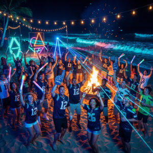 Midnight beach rave atmosphere with NFL fans celebrating the Super Bowl under glowing festival lights